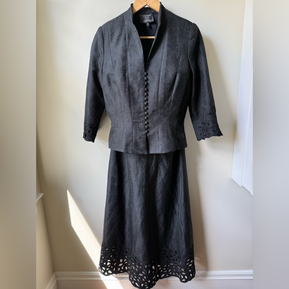 CARMEN MARC VALVO‎ Jacquard Black Lace Dress Jacket Set Corset Old Money 10 12